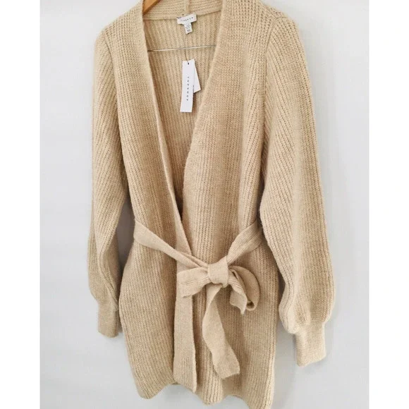 Topshop Cardigan Sweater Beige Belted Long Sleeve Cable Knit Long NEW - Picture 2 of 10